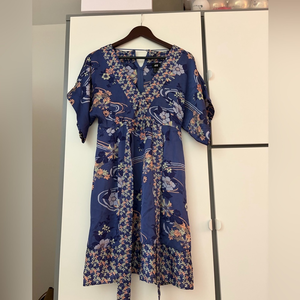 H&M Navy Floral Wrap-Style Midi Dress with Tie Waist